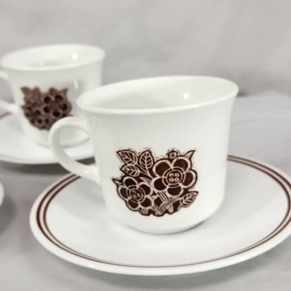 Set of 4 Corelle Batik Coffee Cups & Saucers Vintage Brown Stripes & Flowers
